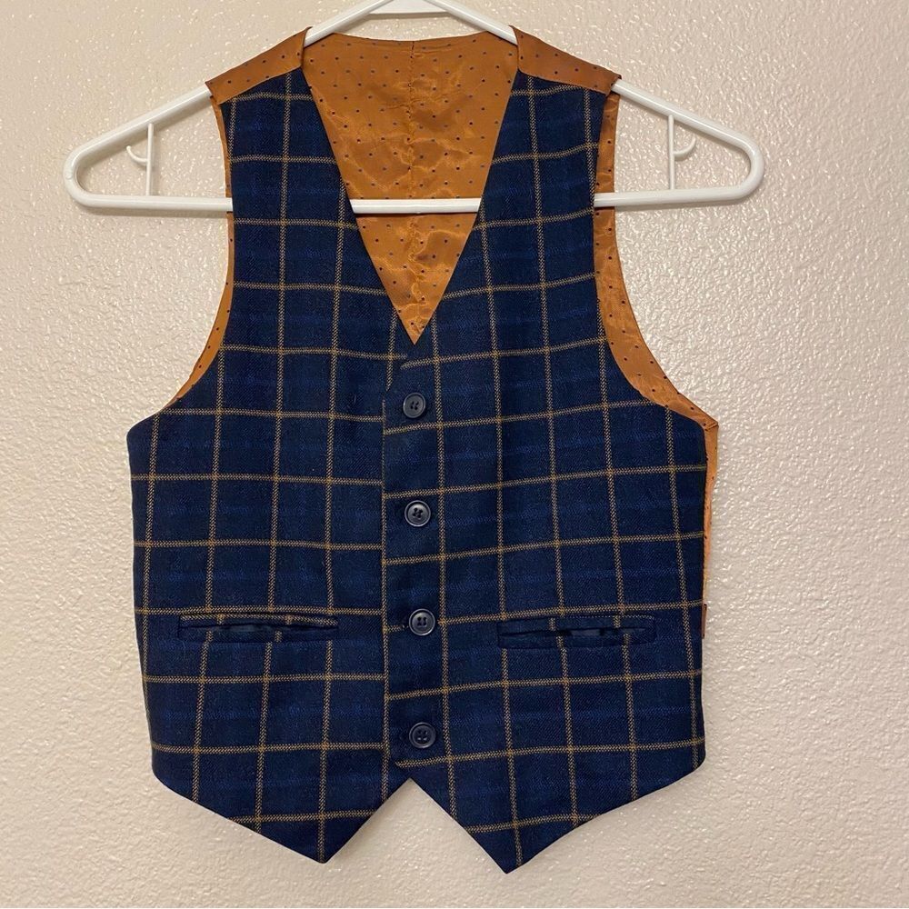 Romano Boys kids Navy blue plaid tweed orange lined formal dress up vest suit 9
